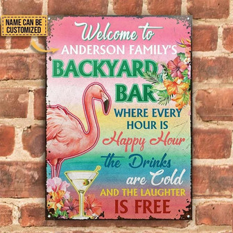 Metal Sign- Attractive Flamingo Backyard Bar Happy Hour Rectangle Metal Sign Custom Name - Thegiftio