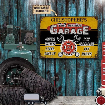 Metal Sign- Auto Mechanic My Garage My Rules Yellow And Black Rectangle Metal Sign Custom Name - Thegiftio UK