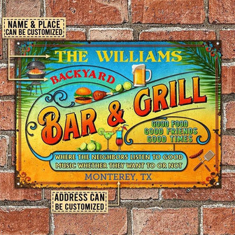 Metal Sign- Bar And Grill Orange Text Custom Name Rectangle Metal Sign Pretty Design - Thegiftio