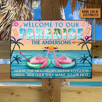 Metal Sign- Beach Flamingo Paradise Sweet Moment Rectangle Metal Sign Custom Name - Thegiftio UK