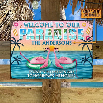 Metal Sign- Beach Flamingo Paradise Sweet Memory Rectangle Metal Sign Custom Name - Thegiftio UK