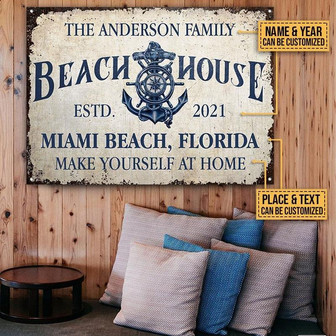 Metal Sign- Beach House Beautiful Anchor Rectangle Metal Sign Custom Name Year Place Text - Thegiftio UK