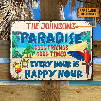 Metal Sign- Beach Parrot Paradise Happy Hour Nice Design Rectangle Metal Sign Custom Name - Thegiftio UK