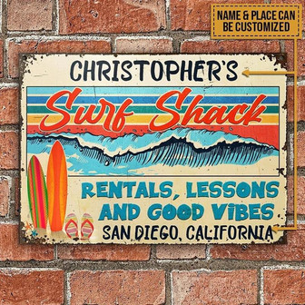Metal Sign- Beach Surfing Surf Shack Rentals Rectangle Metal Sign Custom Name And Place - Thegiftio UK