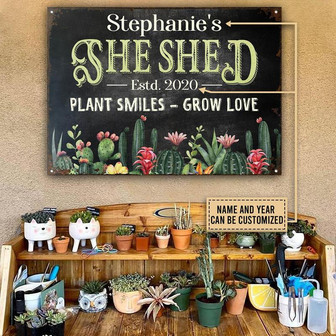 Metal Sign- Beautiful Cactus Garden She Shed Plant Smiles Rectangle Metal Sign Custom Name Year - Thegiftio