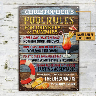 Metal Sign- Beautiful Design Pool Rules For Drinkers Rectangle Metal Sign Custom Name - Thegiftio UK