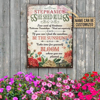 Metal Sign- Beautiful Flower Garden She Shed Rules Rectangle Metal Sign Custom Name - Thegiftio