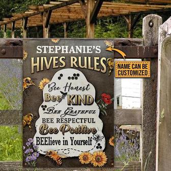 Metal Sign- Bee And Flower Honey Bee Hives Rules Rectangle Metal Sign Custom Name - Thegiftio UK