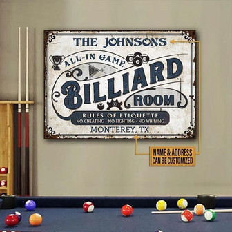 Metal Sign- Billiard Room Rules Of Etiquette Blue Rectangle Metal Sign Custom Name Address - Thegiftio UK