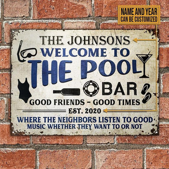 Metal Sign- Black And Blue Pool Bar Backyard Rectangle Metal Sign Custom Name Year - Thegiftio UK