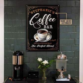 Metal Sign- Black Theme Coffee Bar The Perfect Blend Rectangle Metal Sign Custom Name - Thegiftio