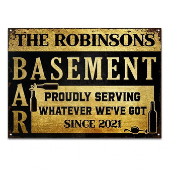 Metal Sign- Black And Gold Design Basement Bar Rectangle Metal Sign Custom Name - Thegiftio UK