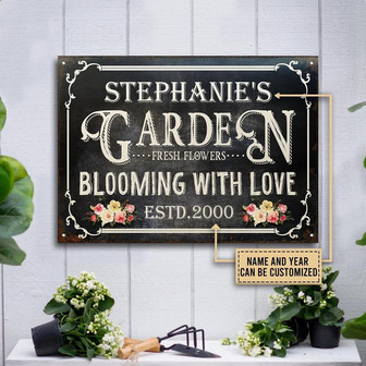 Metal Sign- Black Background Flower Garden Blooming With Love Rectangle Metal Sign Custom Name Year - Thegiftio