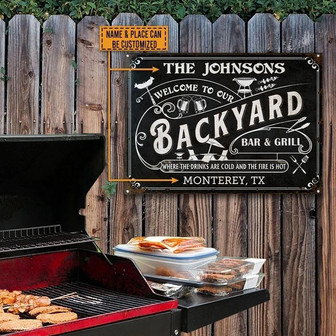 Metal Sign- Black Background Grilling Backyard Rectangle Metal Sign Custom Name Place - Thegiftio UK