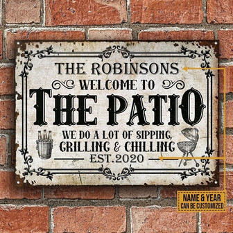 Metal Sign- Black Theme Patio Sipping Grilling Chilling Custom Name Year Rectangle Metal Sign Pretty Design - Thegiftio