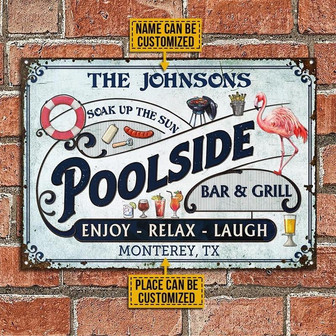 Metal Sign- Black Poolside Flamingo Soak Up The Sun Rectangle Metal Sign Custom Name Place - Thegiftio