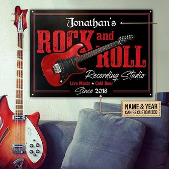 Metal Sign- Black Theme Red Electric Guitar Rock And Roll Rectangle Metal Sign Custom Name Year - Thegiftio UK