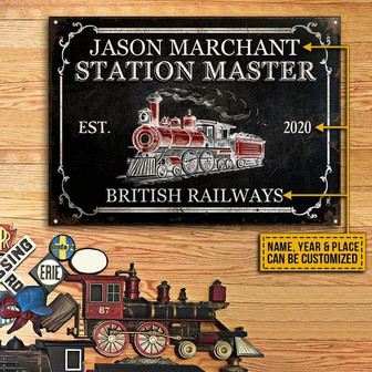 Metal Sign- Black Theme Train Station Master Rectangle Metal Sign Custom Name Year Place - Thegiftio UK