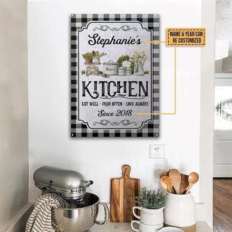 Metal Sign- Black And White Checked Pattern Kitchen Love Always Rectangle Metal Sign Custom Name Year - Thegiftio UK