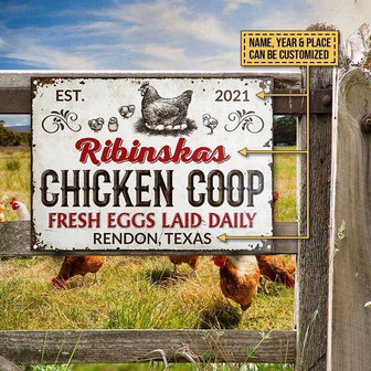 Metal Sign- Black And White Chicken Coop Fresh Eggs Rectangle Metal Sign Custom Name Year Place - Thegiftio UK