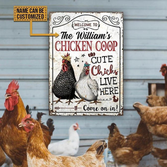 Metal Sign- Black And White Chicken Welcome Rectangle Metal Sign Custom Name - Thegiftio UK