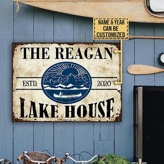 Metal Sign- Blue Circle Canoeing Lake House Rectangle Metal Sign Custom Name Year - Thegiftio