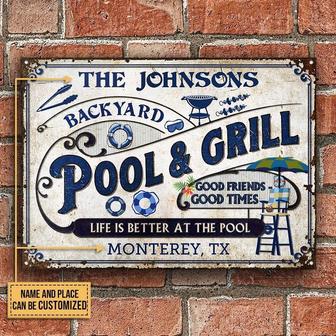 Metal Sign- Blue Design Pool And Grill Rectangle Metal Sign Custom Name Place Nice Style - Thegiftio UK