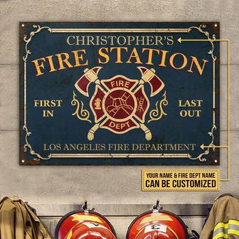 Metal Sign- Blue Background Firefighter Fire Station Custom Name Rectangle Metal Sign Cute Design - Thegiftio UK