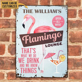 Metal Sign- Blue Background Flamingo Lounge What We Do Rectangle Metal Sign Custom Name - Thegiftio UK