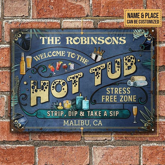 Metal Sign- Blue Background Hot Tub Stress Free Zone Rectangle Metal Sign Custom Name And Place - Thegiftio UK