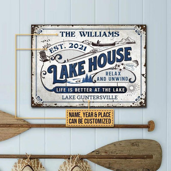 Metal Sign- Blue Theme Lake House Custom Name Year And Place Rectangle Metal Sign Nice Design - Thegiftio UK