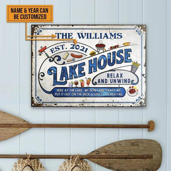 Metal Sign- Blue Lake House Cute Style Rectangle Metal Sign Custom Name Year - Thegiftio UK