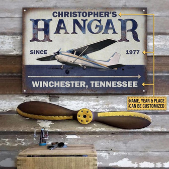 Metal Sign- Blue Theme Pilot Airplane Hangar Custom Name Year Place Rectangle Metal Sign Beautiful Design - Thegiftio UK