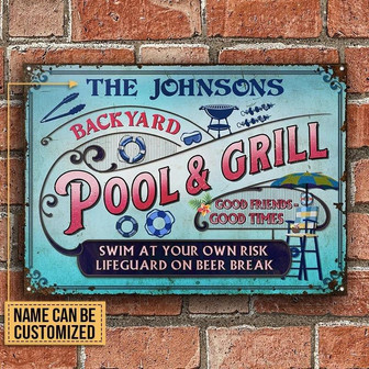 Metal Sign- Blue Theme Pink Text Pool And Grill Rectangle Metal Sign Custom Name - Thegiftio UK