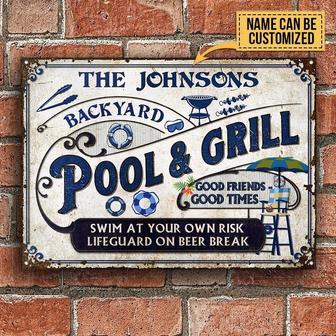 Metal Sign- Blue Pool And Grill Backyard Rectangle Metal Sign Custom Name - Thegiftio UK