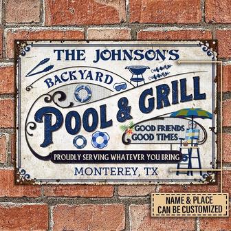 Metal Sign- Blue Theme Pool Grilling Backyard Custom Name Rectangle Metal Sign Nice Design - Thegiftio UK