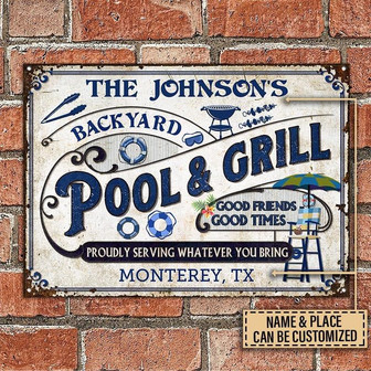 Metal Sign- Blue Theme Pool Grilling Backyard Custom Name Rectangle Metal Sign Nice Design - Thegiftio UK
