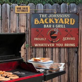 Metal Sign- Blue And Red Background Grill Backyard Bar And Grill Rectangle Metal Sign Custom Name - Thegiftio UK