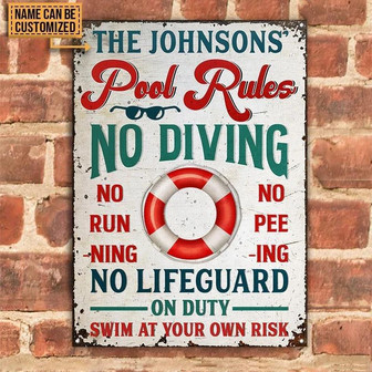 Metal Sign- Blue And Red Pool Rules Rectangle Metal Sign Custom Name - Thegiftio UK