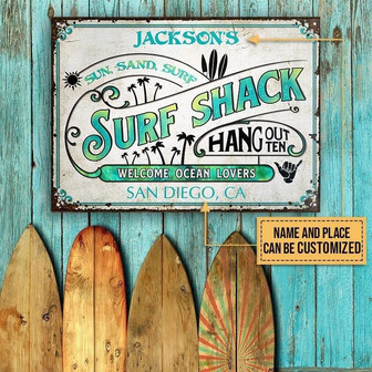Metal Sign- Blue Theme Surfing Surf Shack Hang Out Rectangle Metal Sign Custom Name Place - Thegiftio UK