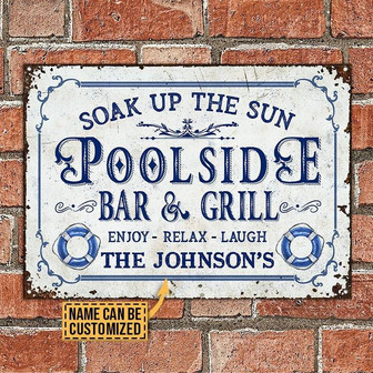Metal Sign- Blue Swimming Float Pool Bar And Grill Rectangle Metal Sign Custom Name - Thegiftio