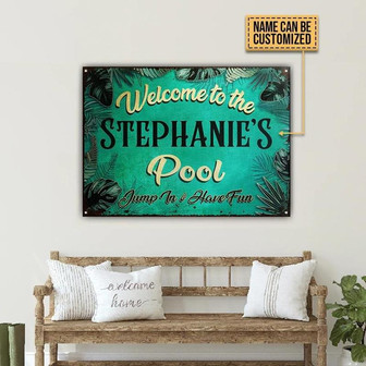 Metal Sign- Blue Theme Swimming Pool Jump In Have Fun Rectangle Metal Sign Custom Name - Thegiftio UK