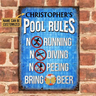 Metal Sign- Blue Theme Swimming Pool Rules Bring Beer Rectangle Metal Sign Custom Name - Thegiftio UK