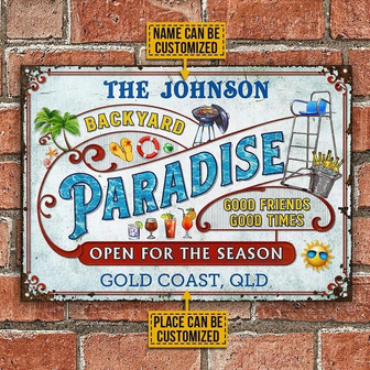 Metal Sign- Blue Text Backyard Paradise Open For The Season Rectangle Metal Sign Custom Name Place - Thegiftio UK