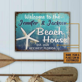 Metal Sign- Blue Theme Welcome To Beach House Custom Name Year Place Rectangle Metal Sign - Thegiftio UK