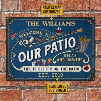 Metal Sign- Blue Theme Welcome To Our Patio Rectangle Metal Sign Custom Name Year - Thegiftio UK