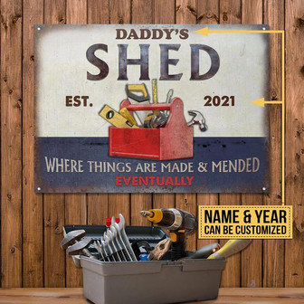 Metal Sign- Blue And White Design Shed Fixed Eventually Rectangle Metal Sign Custom Name Year - Thegiftio UK