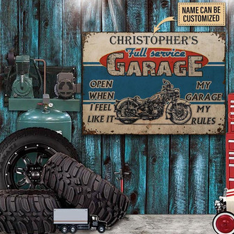 Metal Sign- Blue And White Background Motorcycle Garage Custom Name Rectangle Metal Sign - Thegiftio UK
