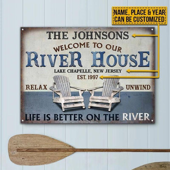 Metal Sign- Blue And White Background River House Custom Name Place Year Rectangle Metal Sign - Thegiftio UK