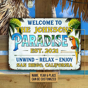 Metal Sign- Blue And Yellow Beach House Parrot Paradise Rectangle Metal Sign Custom Name Year Place - Thegiftio UK